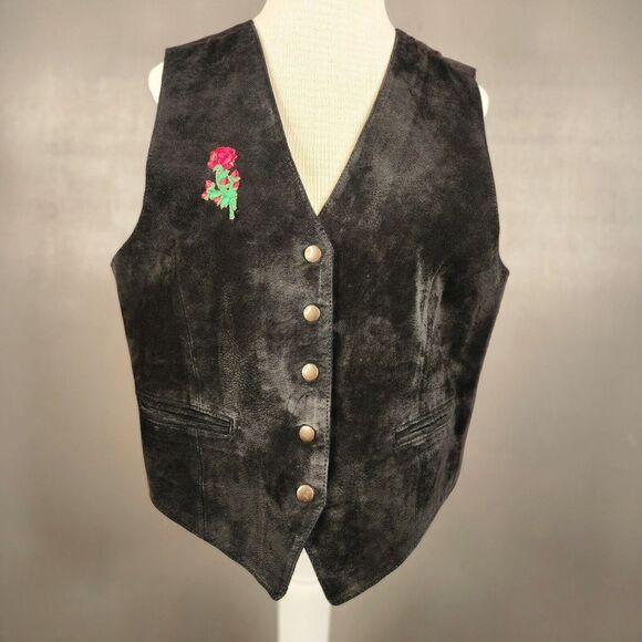 Gitano Jackets & Blazers - Vintage Gitano Button Down Suede Leather Vest Pockets Black SZ Large Rose *READ*